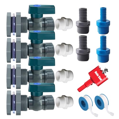 Rain Barrel Spigot Kit with Hole Saw 4 Pcs PVC Bulkhead Fitting, Ball Valve, Garden Hose Male Threaded Adapter, Barb Adapter, Thread Seal Tape (3/4 Inch)