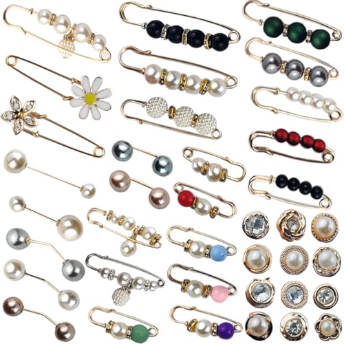 TIHOOD 40PCS Pearl Brooch,Pant Waist Tightener Safety Pin Double Faux Pearl Brooches for Women Girls Fashion Cover Up Buttons Clothing Dresses Decoration Accessories Pant Waist Tightener Safety Pins