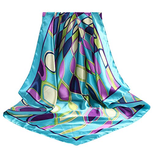 AWAYTR 35” Large Satin Square Head Scarf - 2Pcs Silk Like Floral Head Scarves Square Satin Hair Scarf Bandanas for Women - color: Elliptical Grid(rose+blue)