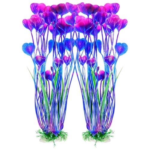 AQUANEAT Artificial Fish Tank Plants, Plastic Aquarium Accessories Large, 15.5 inch Purple Decorations, 2pcs - color: Purple