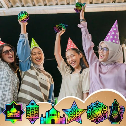Deekin 120 Pcs Eid Scratch Paper Set Ramadan Crafts Scratch Cards Hanging Ramadan Gifts Eid Magical Party Activities DIY Art Painting Project Supplies