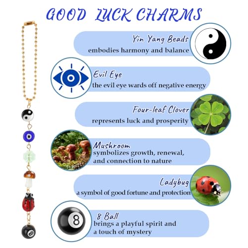 Evil Eye Car Hanging Ornament, Car Mirror Hanging Accessories Good Lucky Days Charm Decor with Four-Leaf Clover Ladybug 8 Ball Mushroom Yin Yang Symbo and Boho Car Accessories for Keychain Cellphone