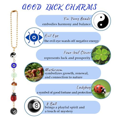 Evil Eye Car Hanging Ornament, Car Mirror Hanging Accessories Good Lucky Days Charm Decor with Four-Leaf Clover Ladybug 8 Ball Mushroom Yin Yang Symbo and Boho Car Accessories for Keychain Cellphone