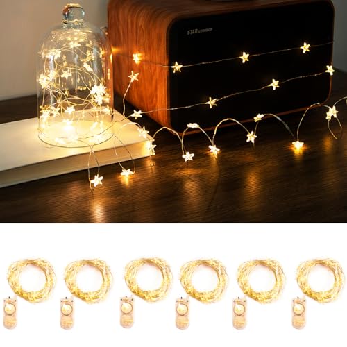 6 Packs 6.6ft 20LEDs Star Fairy Lights Battery Operated,Mini Star String Lights,Waterproof Twinkle Starry Light for DIY Gift Bottle Table Christmas Ramadan Wedding,Silver Wire,Warm White - color: Silver Wire, size: 120 Leds