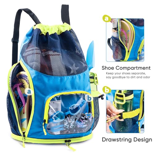 Mesh Drawstring Backpack with Shoe Compartment, Sandproof Beach Swim Bag with Wet Pocket, Pool Gym Shower Bag for Travel Summer Camp - color: Blue - Neon Yellow, style: Style a