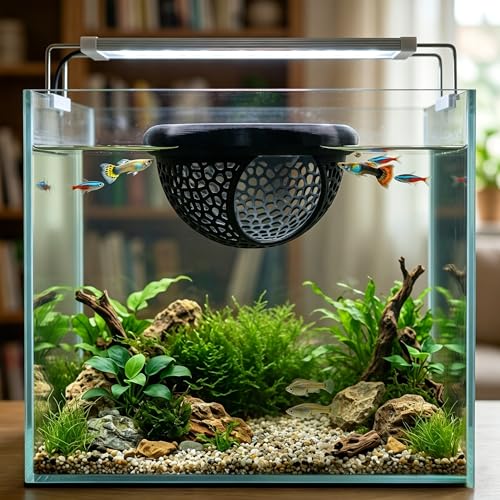 Floating Feeding Ring 2 Pack Cost Effective Combo Fry Hideout Set | Mesh plastic tank ornaments fit nano shrimp habitat to stop food waste. Black 3.93x2.21" & white 2.75x1.57" cave