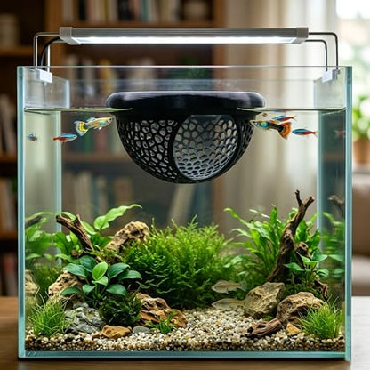 Floating Feeding Ring 2 Pack Cost Effective Combo Fry Hideout Set | Mesh plastic tank ornaments fit nano shrimp habitat to stop food waste. Black 3.93x2.21" & white 2.75x1.57" cave