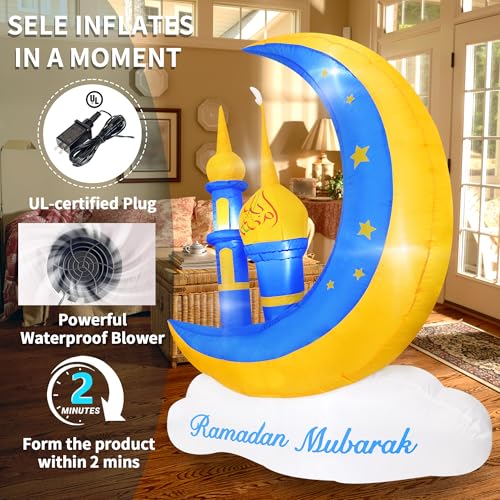 5FT Ramadan Decorations Inflatable Outdoor, Ramadan Mubarak & Eid Mubarak Moon Cloud Star Mosque Decor with Built-in LED Lights, Muslim Islamic Blow Up for Home Yard Garden Party Lawn - style: 5FT Ramadan Mosque Moon