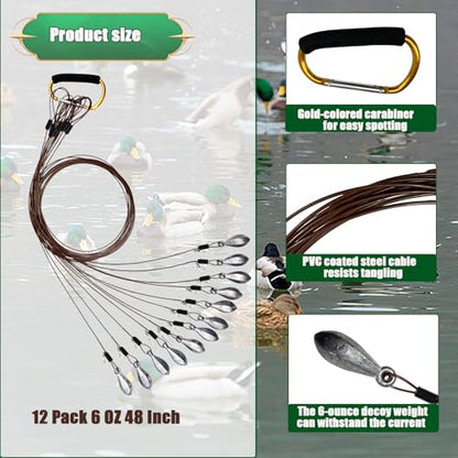 Texas Duck Decoy Rigs Weights Tangle Free Duck Hunting Decoy Rigs with A Large Gold Padded Carabiner, Waterfowl Decoy Rigs Anchors for Duck Hunting 12pack - color: 6OZ 48In