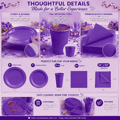 Tinybee 352 Pcs Purple Plastic Plates, Disposable Dinnerware Set for 50 - color: Purple