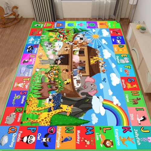 ABC Kids Rug for Playroom 78.7×59 in Noah's Ark Animals Rug Play Mat Alphabet Playmat Shape Color Classroom Carpet Kids Playroom Early Learning Carpet for Preschool Tummy Time - color: Noah's Ark Animals, size: 59 × 78.7 inches (Rectangular)
