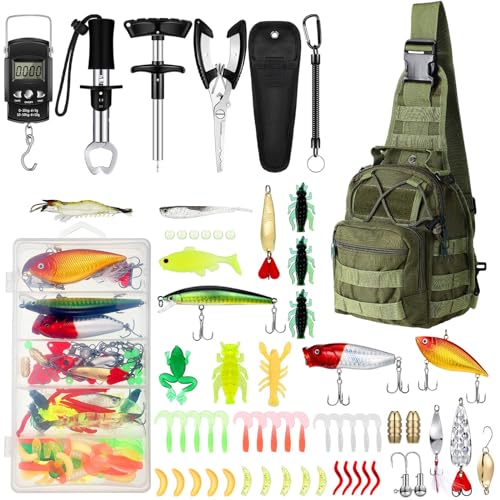134 Pcs Fishing Tool Fishing Tackle Box Kit and Equipment for Adults Beginner Gift, Hook Remover, Pliers Kit, Backpack Tackle Container Lures, Lip Gripper, Weigh Scale - color: Army Green