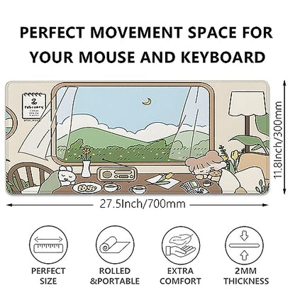 Girl and Rabbit Desktop Mouse Pad, Large Desk Mat, Cartoon Cute Gaming Mouse Pad for Computer Office Home Work (27.5X11.8 in) - color: Girl and Bunny