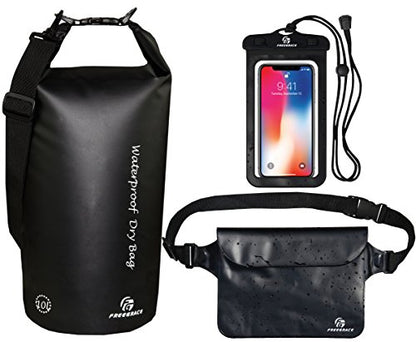 Freegrace Waterproof Dry Bag Set of 3 - Submersible Dry Sack with Double Zip Lock Seals - Includes Waist Pouch & Phone Case - Perfect for Kayaking, Swimming, Boating & Rafting (Black, 5L) - color: Black, size: 5L, style: Without Window