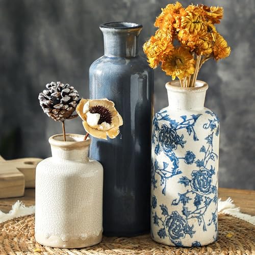 ooit Ceramic Vintage Vases Set of 3, Blue and White Flower Decorative Vase Chinoiserie Decor Rustic Farmhouse Retro Floral Vases for Table Bookshelf Mantel Kitchen Living Room Office - color: 007 Vintage - Blue