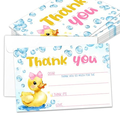 Kids Thank You Cards with Envelopes, Rubber Ducky Bows Theme Fill in the Blank Thank You Notes for Kids, Toddler Stationery Set, Ideal for Birthday Party, Graduation & School Gag Gifts - B02 - color: Rubber Ducky Bows Style