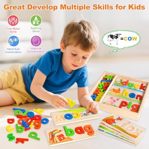 Wooden See & Spell Learning Toys for 2 3 4 5 Year Old Kids, Preschool Learning Activities Alphabet Flash Cards, Educational Match Letter Game Board, CVC Word Builder Montessori Toys Gifts for Boy Girl