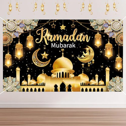 Eid Mubarak Backdrop Banner, Black and Gold Ramadan Mubarak Background Banner, Glittering Lantern Moon Star Night Backdrop for Wall Photo Background Home Muslim Eid Mubaraks Party Decorations Supplies