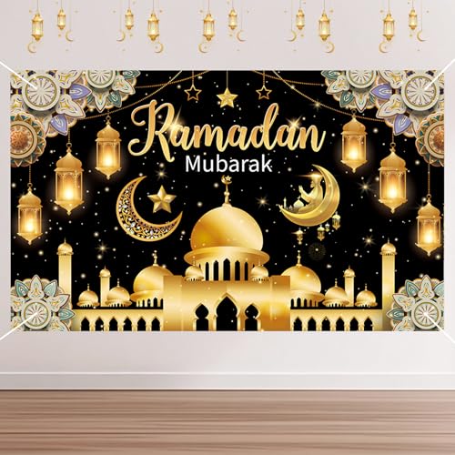 Eid Mubarak Backdrop Banner, Black and Gold Ramadan Mubarak Background Banner, Glittering Lantern Moon Star Night Backdrop for Wall Photo Background Home Muslim Eid Mubaraks Party Decorations Supplies