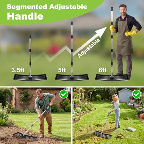 36" x 10" Lawn Leveling Rake, Angled Design Yard Leveler Rake | Stainless Steel Landscape Rake with 74" Adjustable Handle, Ground Leveler for Dirt, Farm, Sand, Soil, Pasture, Golf Course - size: 36 Inch