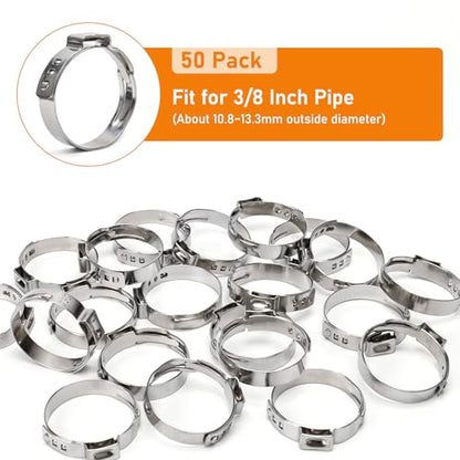 50 Pack Sieqioor 3/8 Inch 10.8-13.3mm Single Ear Hose Clamp, 304 SS | 304 Stainless Steel Ear Clamp, Stepless Hose Clamps Cinch Rings for Automotive, Home Appliance Line and Plumbing - size: 3/8 Inch 50Pack