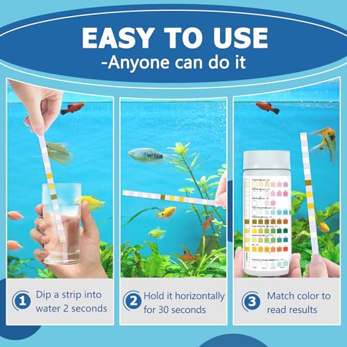 Aquarium Test Strips for Freshwater Fish – 9 in 1 Fish Tank Water Test Strips, Fast & Easy Color Chart for Beginners, Test Ammonia Nitrite Nitrate pH Chlorine Hardness, 50 Strips