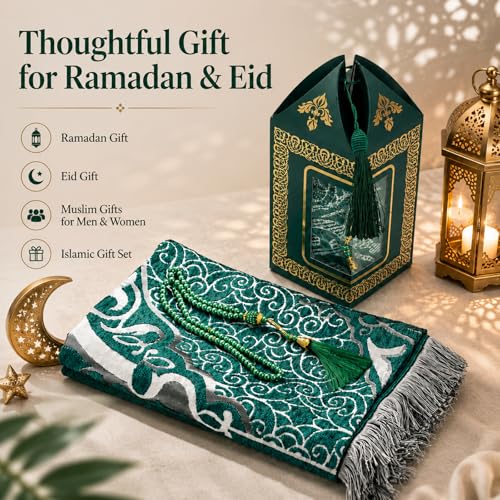 Muslim Prayer Rug with 99-Bead Tasbih, Soft Islamic Prayer Mat Sajadah for Daily Salah, Ramadan Eid Gifts for Men Women, Foldable Janamaz Prayer Rug - color: Dark Green