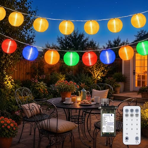 StarryEver Outdoor String Lights Plug in, 40ft 40LED Connectable WarmWhite & Multicolor Nylon Lantern String Lights with Remote, Timer Outdoor Waterproof Patio Lights for Fences Balcony Garden Camping - size: 40ft warm white+colorful