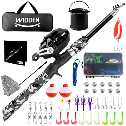 WIDDEN Kids Fishing Pole, Portable Telescopic Kids Fishing Poles for Boys and Girls, Fishing Rod and Reel Combo Kit with Tackle Box, and Fishing Net, Best Fishing Pole for Toddler Youth - color: BLACK
