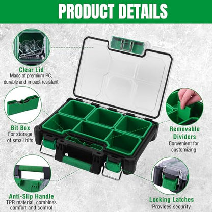 SK 13.5-Inch Small Part Organizer, Portable Tool Box Organizer, IP65 | Stackable Tool Box, 7 Compartments and Removable Dividers, Waterproof & Impact-Resistant, for Small Tools and Accessories - size: 13.5-Inch Small Part Organizer
