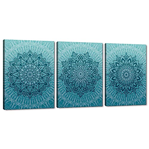 MAMAGO Canvas Wall Art Mandala Painting 3 Panels Boho Pictures Modern Teal Blue Posters and Prints Artwork Home Decorations for Living Room Office Bedroom Framed Ready to Hang - 20"x28"x3pcs - color: Style_04, size: 20" x 28" x 3Panels
