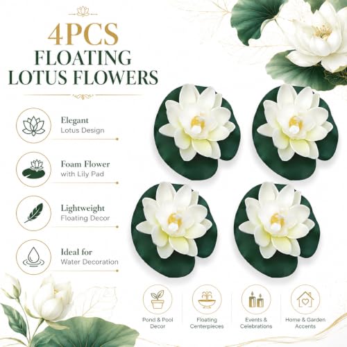 4Pcs Floating Foam Lotus Flowers with Lily Pads, Artificial Pond Plants Ornaments for Pool Aquarium Water Decoration