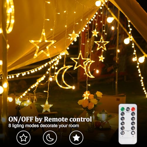Star Moon Curtain Lights 11.5ft Remote Control LED Fairy Light Strings, 8 Flashing Modes Waterproof Decorative Lights for Garden, Christmas, Wedding, Party, Bedroom Decorations(Warm White)