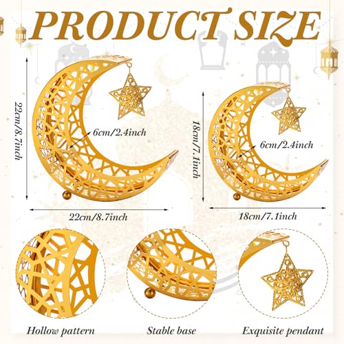 Qinyoung Ramadan Moon Star Tray, 2 Pcs Gold Metal Serving Tray, Eid Mubarak Dessert Trays, Islamic Themed Home Decoration, 2 Sizes, Sturdy, Suitable for Special Occasions