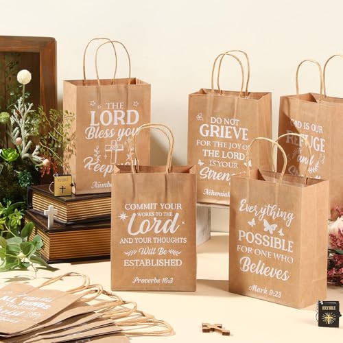 Chiisong 100 Pcs Christian Gift Bags, Fathers Day Religious Bible Verse Treat Bags with Handles Inspirational Church Scripture Bag for Women Wedding Baptism Birthday Party Favor(Kraft with White) - color: Kraft with White