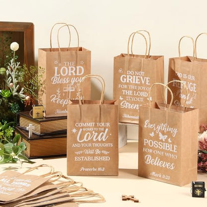 Chiisong 100 Pcs Christian Gift Bags, Fathers Day Religious Bible Verse Treat Bags with Handles Inspirational Church Scripture Bag for Women Wedding Baptism Birthday Party Favor(Kraft with White) - color: Kraft with White
