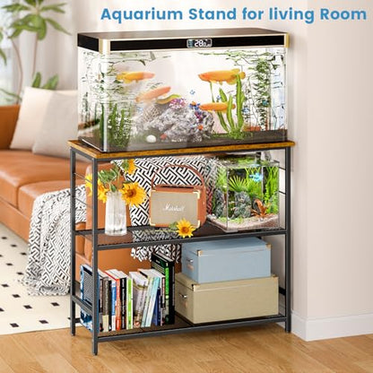 ThreeHio 20 Gallon Fish Tank Stand, 3 Tier Aquarium Stand with Adjustable Shelf, 33.11" L* 15.75" W Tabletop, Heavy Duty Terrarium Stand with Lockable Wheels, Rolling Storage Cart Shelf Rack Organizer for Kitchen, Living Room, Office, Balcony