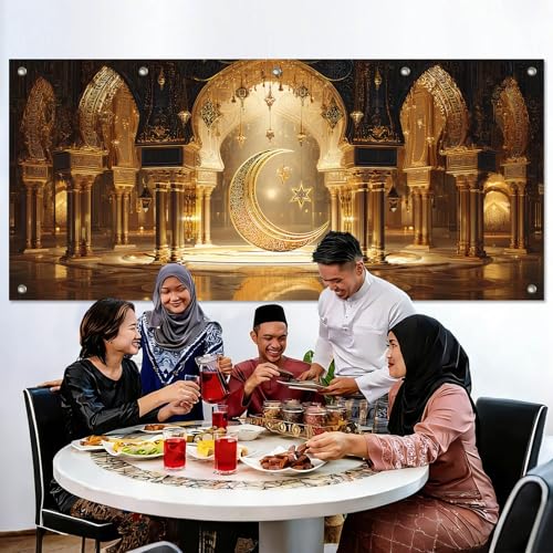 HOMETITUTE Ramadan Backdrop Eid Mubarak Ramadan Garage Door Banner 13x6ft Eid Mubarak Large Background Crescent Moon and Star Mosque Arch Design for Eid Celebration Outdoor Ramadan Decorations for Home