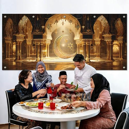 HOMETITUTE Ramadan Backdrop Eid Mubarak Ramadan Garage Door Banner 13x6ft Eid Mubarak Large Background Crescent Moon and Star Mosque Arch Design for Eid Celebration Outdoor Ramadan Decorations for Home