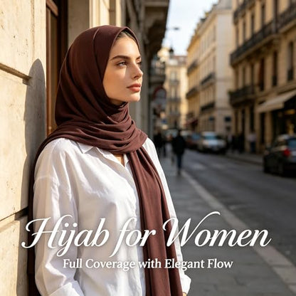 Jersey Hijab Scarf for Women,Lightweight Muslim Turban Head Scarf Modal Feel Hijab Coverings for Prayer with Clip - color: Coffee