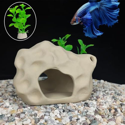 SpringSmart Aquarium Decor Rock Cave for Fish Shrimp Turtle Crab, Betta Fish Tank Decorations Ceramic Hiding Stone, Fish Bowl Landscape Rock with Plastic Plant - size: SH