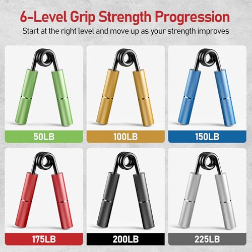 FitBeast Grip Strength Trainer Set, 6 Pack Aluminum Hand Grip Strengthener, 50LB-225LB Hand Gripper, Forearm Strengthener & Wrist Exerciser for Rock Climbing, Lifting & Pull-Ups