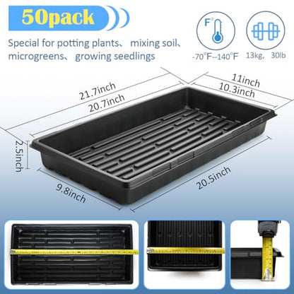 50-Pack Heavy-Duty 1020 Seed Trays No Holes, Thick Plastic Plant Flats | Reusable Growing Trays for Seed Starting, Propagation, Microgreens, Transplanting & Bottom Watering (21" x 11", 2.76" Deep) - color: Black, size: 50p 1020 Trays No Holes