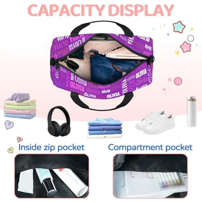 Personalized Teens Dark Purple Sport Duffle Gymnastics Carry On Bag | Custom Name Weekender Bag for Women Men Travel Business Trip - color: Dark Purple