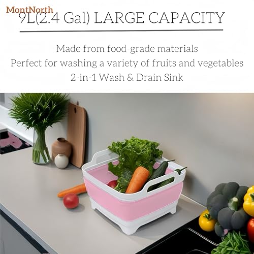 Collapsible Wash Basin 9L, Foldable Dish Tub with Drain Plug, Portable Collapsible Dish Basin, Camping Sink for Washing Dishes, Laundry & Kitchen Use (Pink) - color: Pink - Set of 1