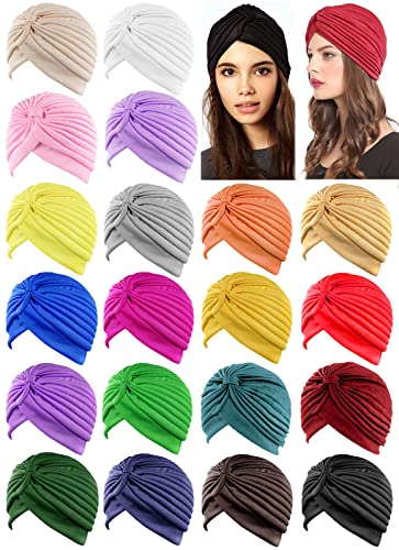 20 Pieces Stretchy Beanie Turban Cap Twisted Head Wraps Chemo Hat Pleated Headwrap Head Cover for Women Girl Multicolor