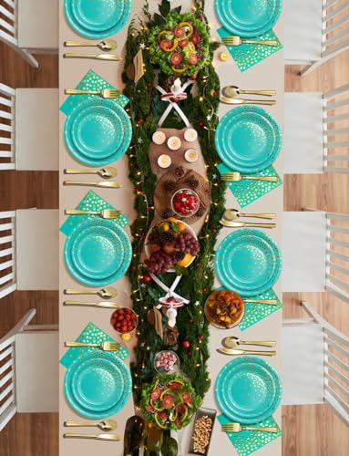 Nkaiso 141Pcs Teal Gold Paper Plates and Napkins Party Supplies-20 Guests - color: Blue Green and Gold