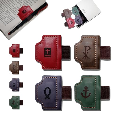 4 Pcs Personalized Magnetic Leather Bookmark Pen Holder Book Lovers Christian Gifts Bygone Mark for Reading, Red-Bible + Coffee-Chi-Rho + Purple-Jesus Fish + Green-Anchor - color: Red+coffee+purple+green, size: Bible+Chi-Rho+Jesus Fish+Anchor