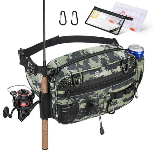 CVLIFE Fishing Tackle Bag Waist Pack with Rod Holder, Waterproof Fanny Pack | 900D Fabric, Convertible Carry, Detachable Shoulder Strap, Landing Net Holster, 3600 Tackle Box, Waterproof Pouch, Carabiners - color: Tactical Camo
