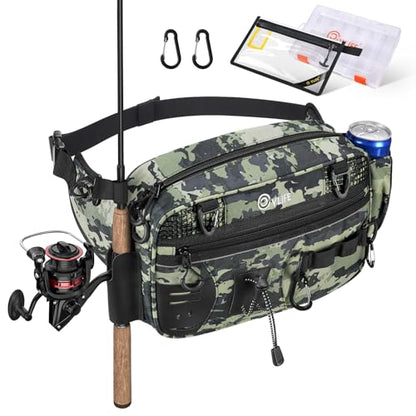 CVLIFE Fishing Tackle Bag Waist Pack with Rod Holder, Waterproof Fanny Pack | 900D Fabric, Convertible Carry, Detachable Shoulder Strap, Landing Net Holster, 3600 Tackle Box, Waterproof Pouch, Carabiners - color: Tactical Camo